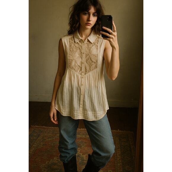 Free People New Romantics Lace Cottage Tank Top Delicate Boho Medium Cream - Picture 1 of 9